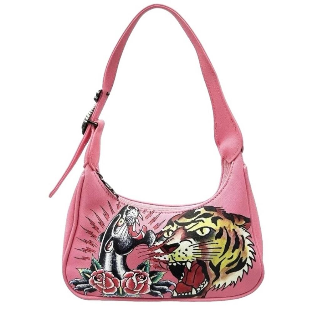 Ed Hardy x Siberia Hills Y2k Pink Tattoo Tiger Panther Print Hobo Bag Purse